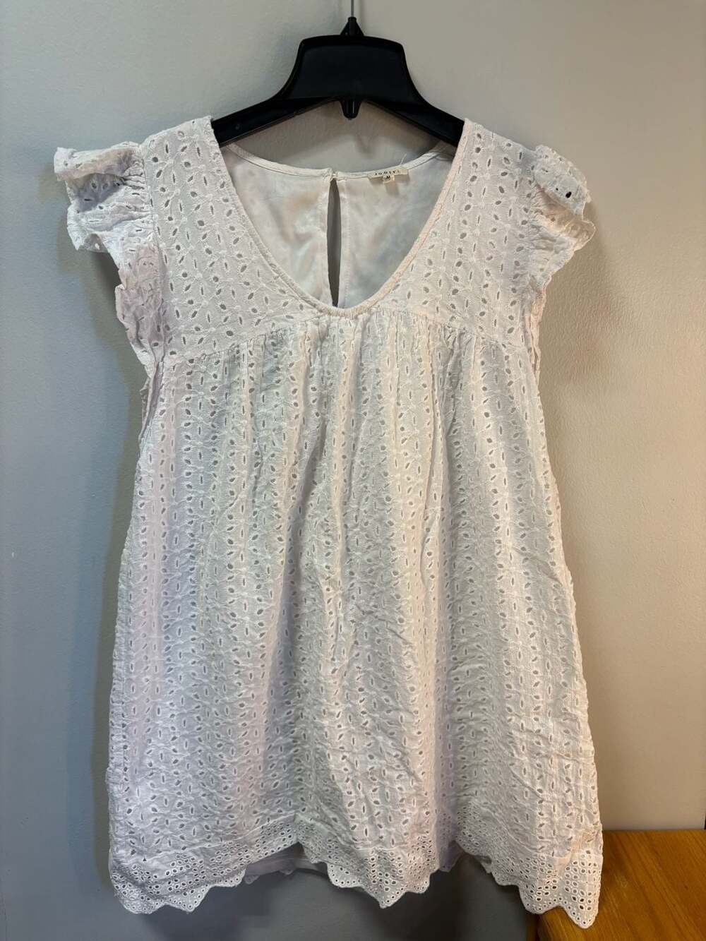 JODIFL White Eyelet Dress with Ruffled Cap Sleeves and V-Neck